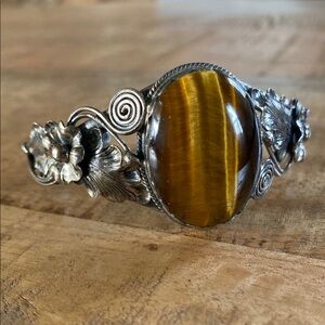 Vintage Navajo Sterling Silver and Tiger’s Eye with Floral Design Cuff